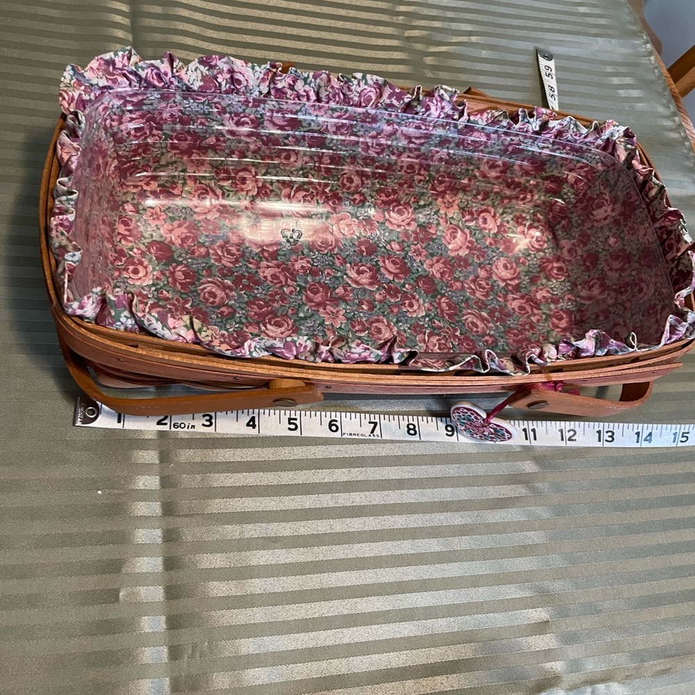 Longaberger Wood Basket with Pink Floral Fabric Liner - Picture 2 of 14